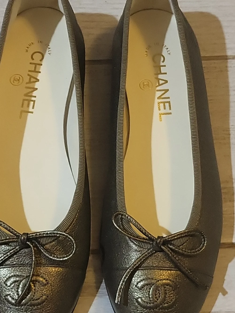 CHANEL Metallic Bronze Leather Ballet Flats with CC Bow